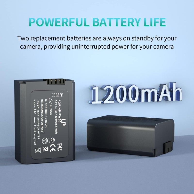 L & P NP-FW50 Battery Charger Pack, 2-Pack Battery & Dual Slot Charger for Sony Alpha A6000, A6400, A6100, A6300, A6500, A5100, A5000, A7, A7II, A7R, A7RII, A7R2, A7S, A7SII, A7S2, RX10 RX10II ZV-E10 - Image 3